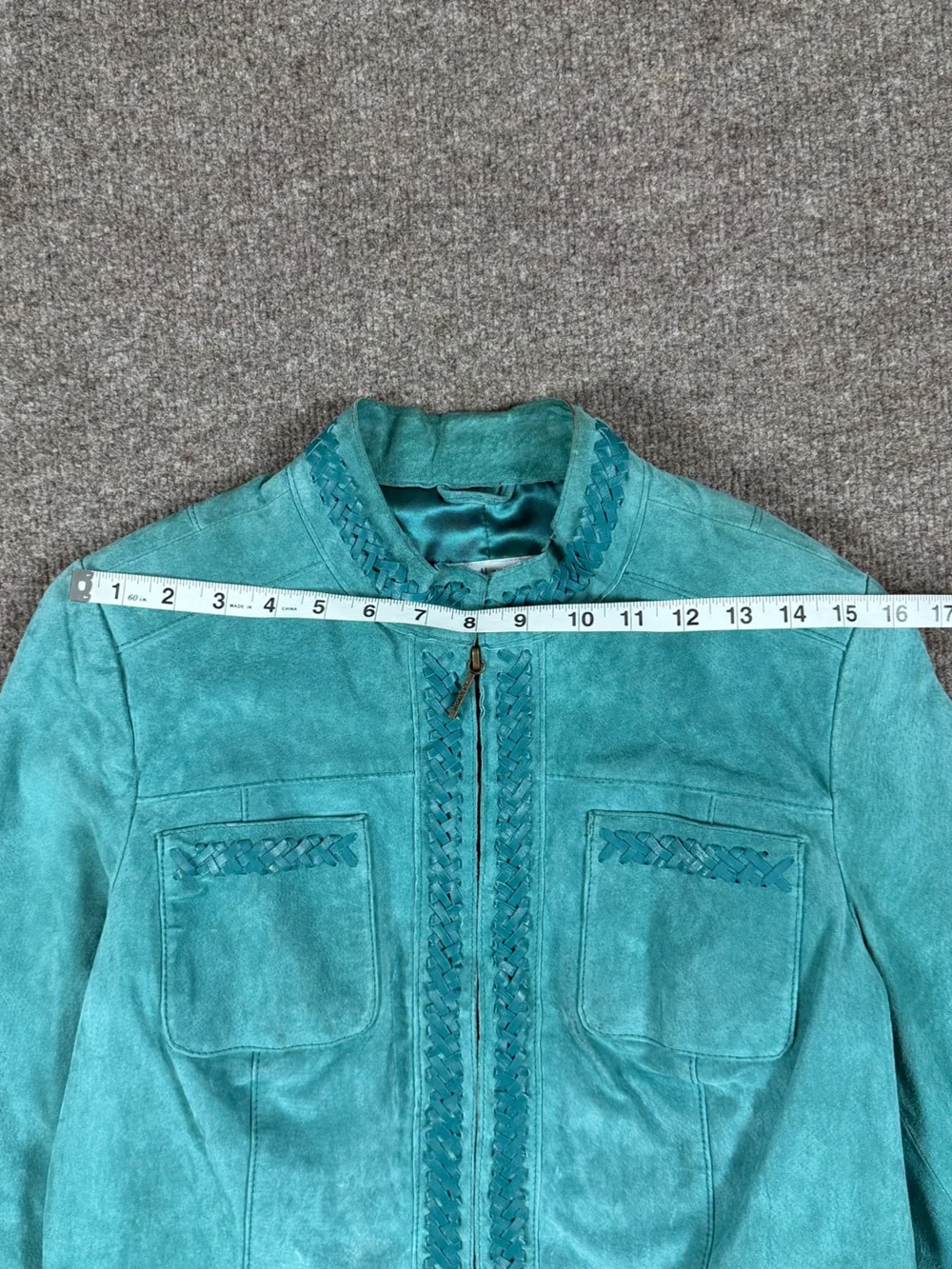 Y2K Bradley Teal Blue Suede Leather Jacket Women’s M Mandarin Collar Woven Trim - Picture 14 of 16